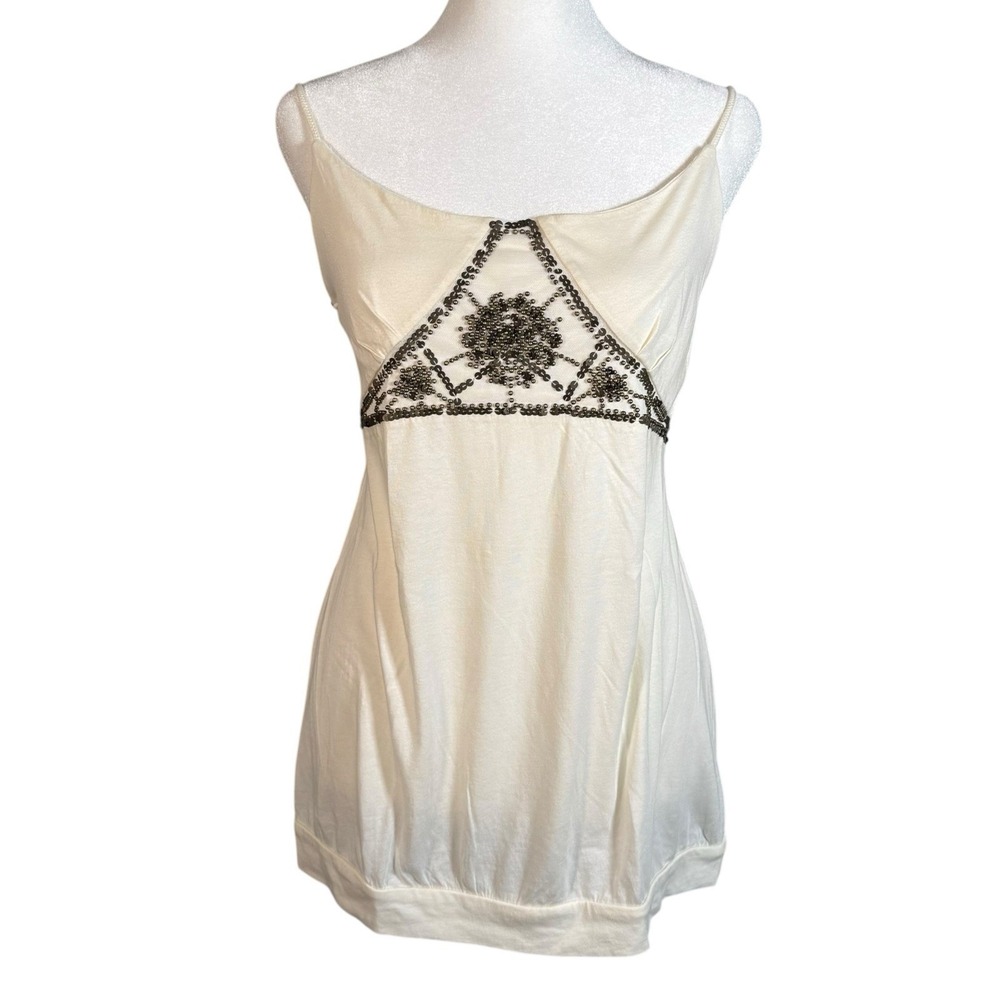 Y2K Fairy Grunge Beaded Sequin Cami Tank Top Sz M/L Hippie Festival Boho Cream